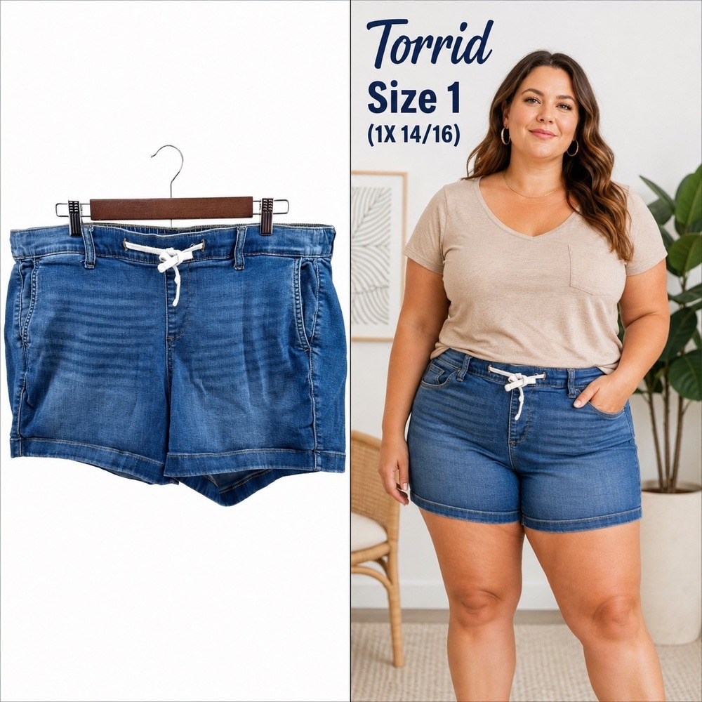 Torrid Weekend Super Soft Denim Shorts Size 1 14/16 Pull On Drawstring Stretch